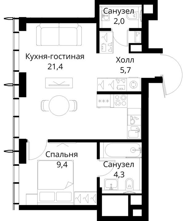 1-комнатная квартира, 42,8 м² — фото 1