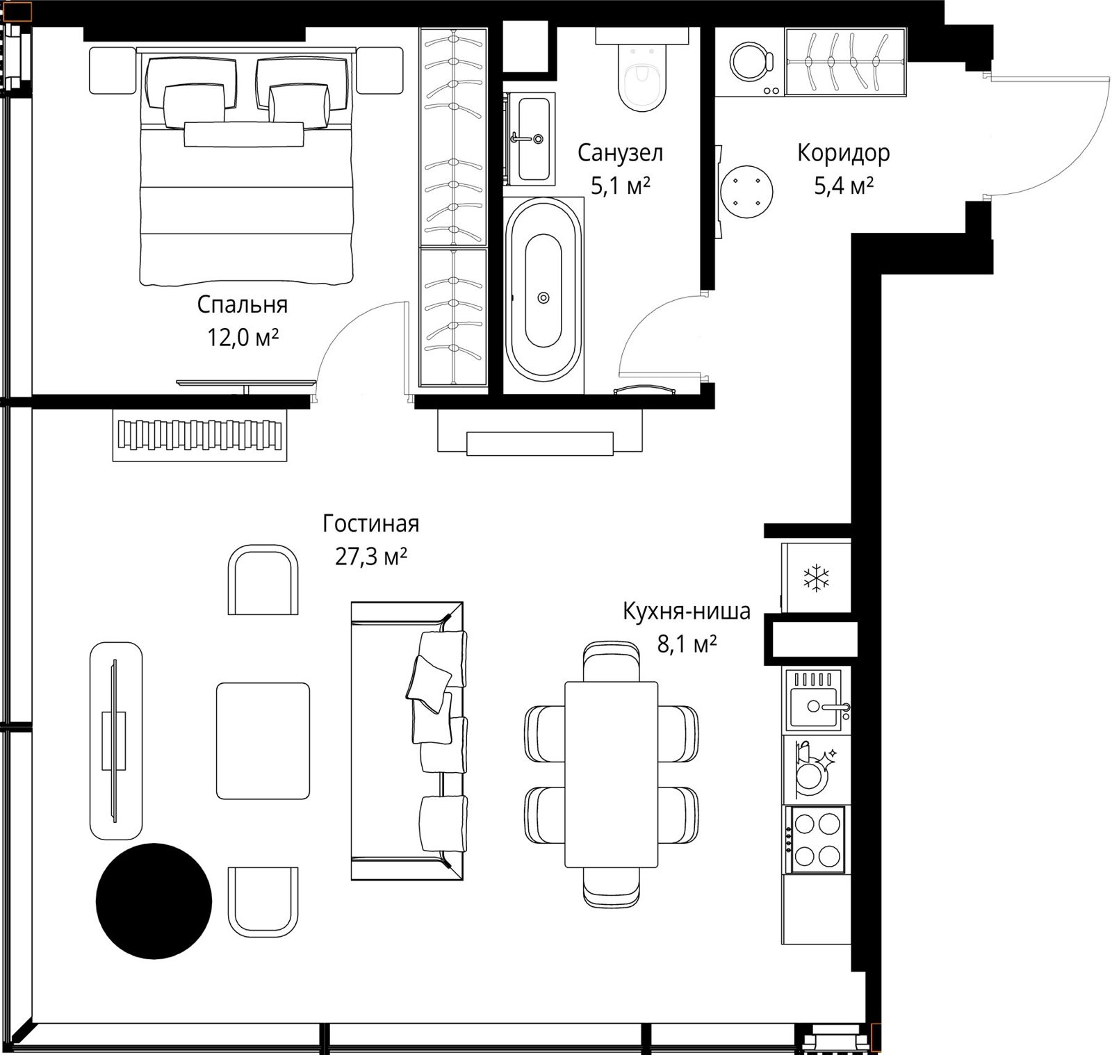 1-комнатная квартира, 57,9 м²