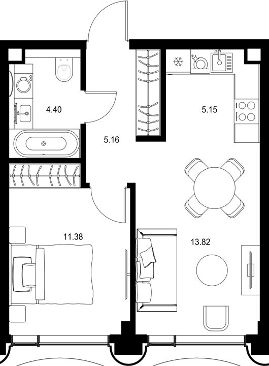 1-комнатная квартира, 39,9 м²