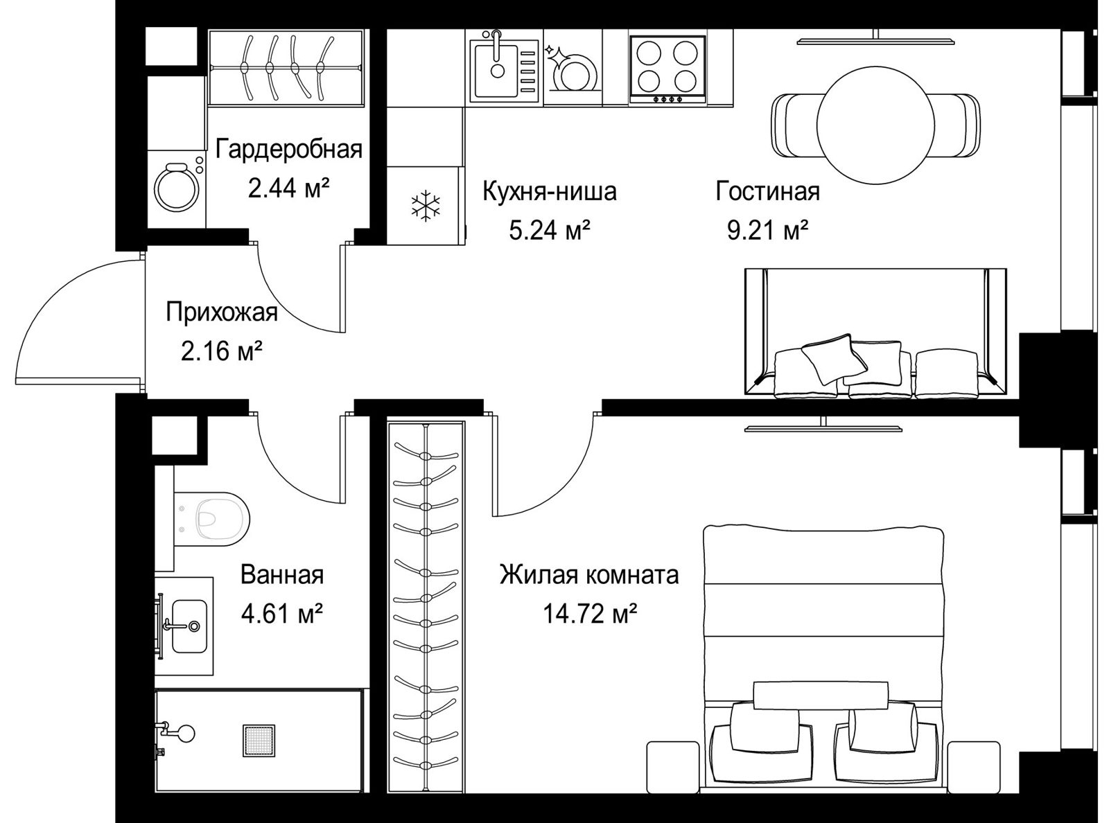 1-комнатная квартира, 38,4 м²