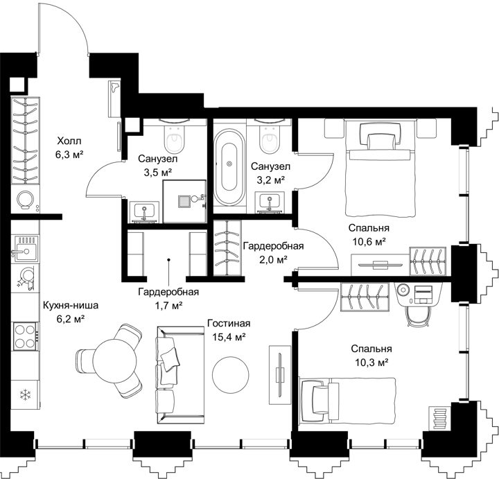 2-комнатная квартира, 59,2 м²
