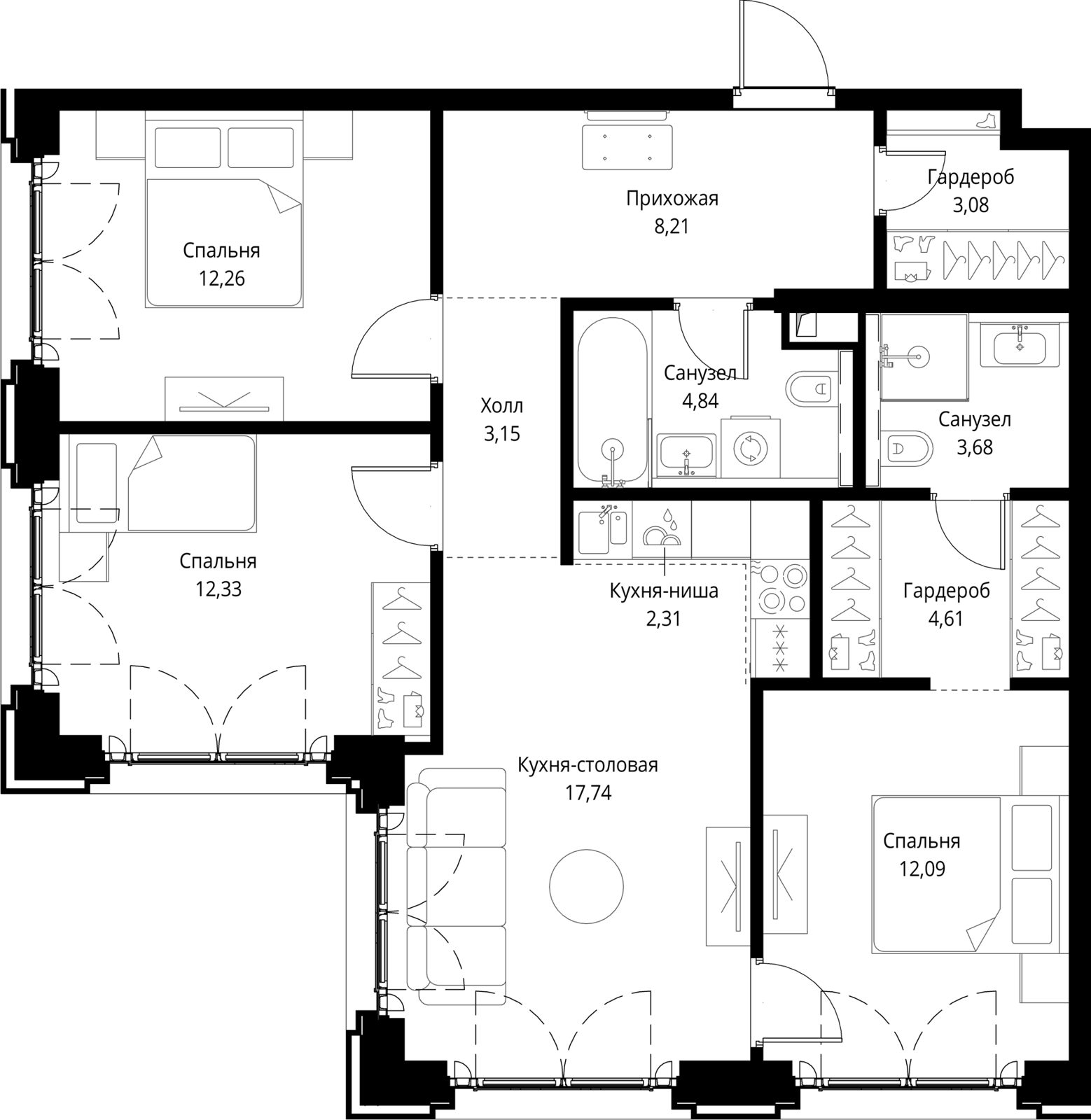 3-комнатная квартира, 84,3 м²