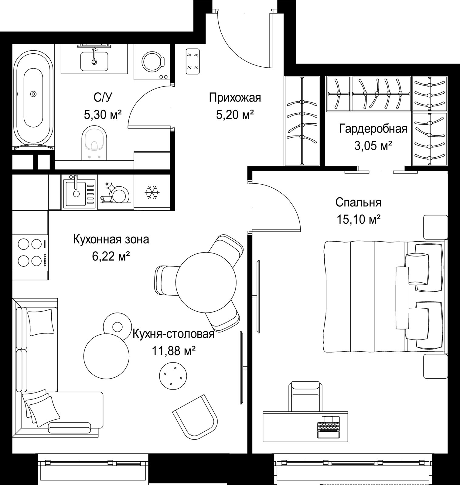 1-комнатная квартира, 46,8 м²