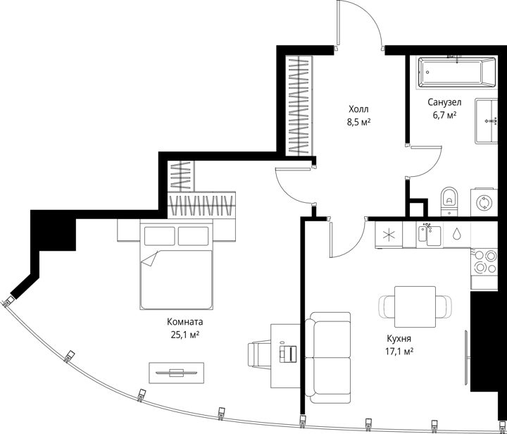 1-комнатная квартира, 57,4 м²