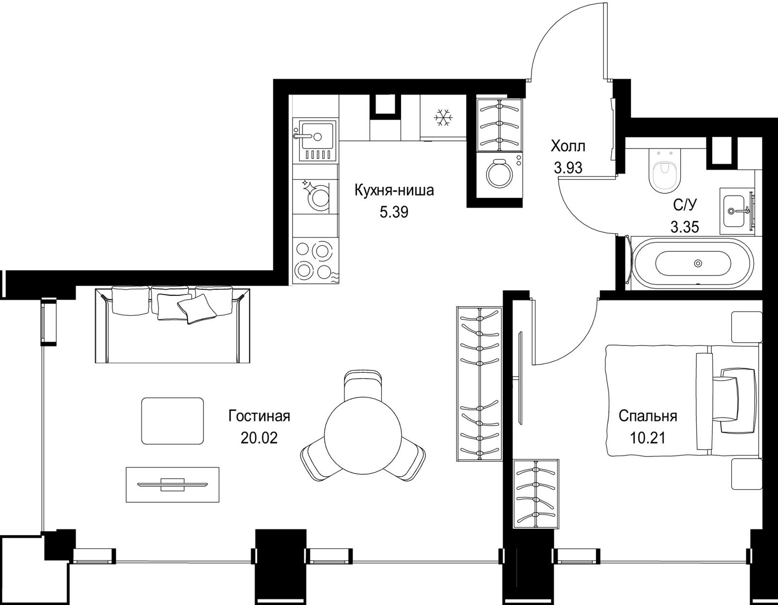 1-комнатная квартира, 42,9 м²