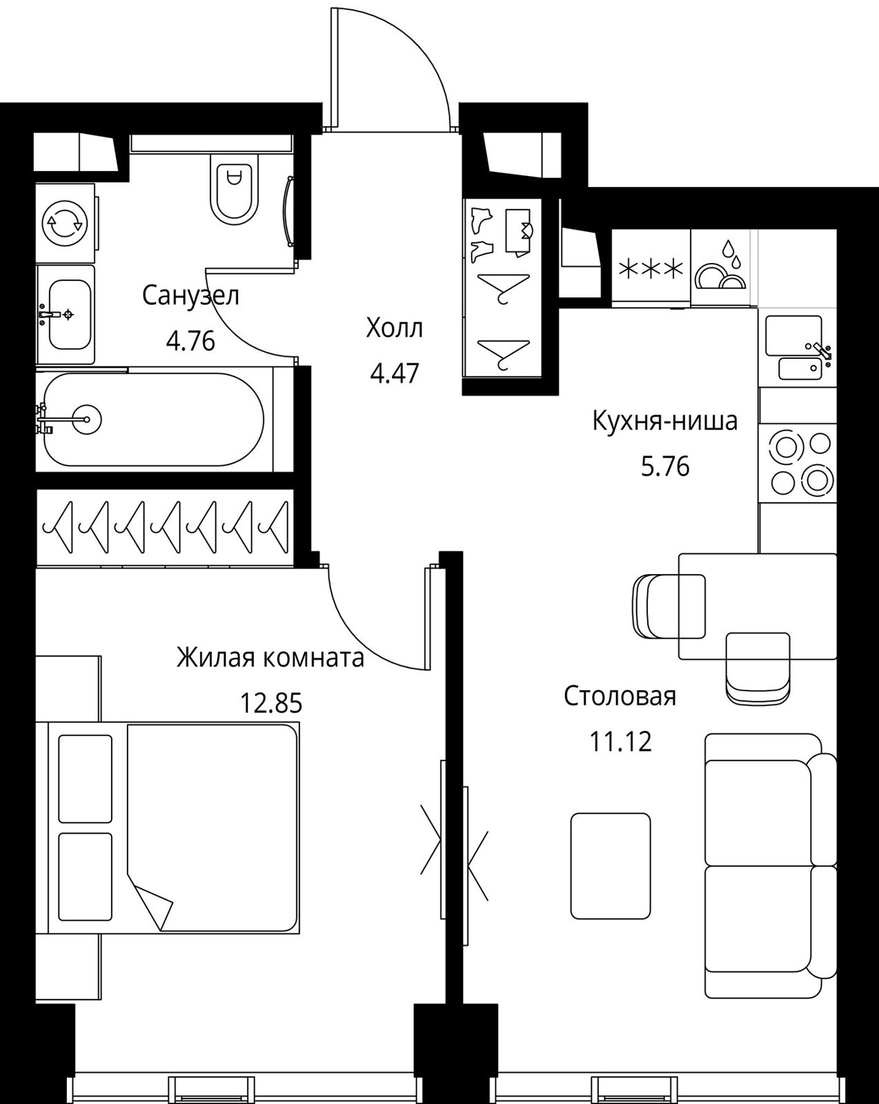 1-комнатная квартира, 39 м²