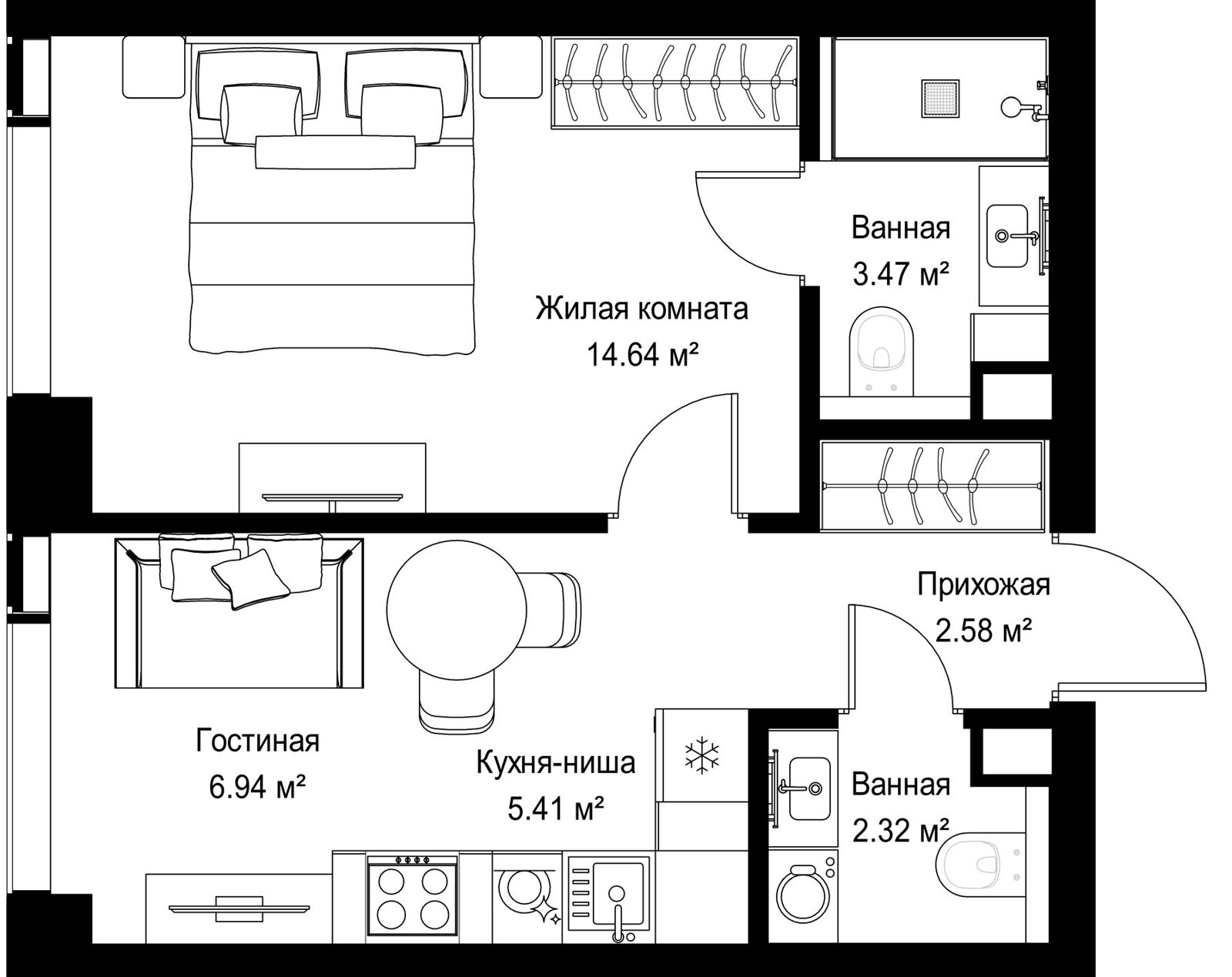 1-комнатная квартира, 35,4 м²