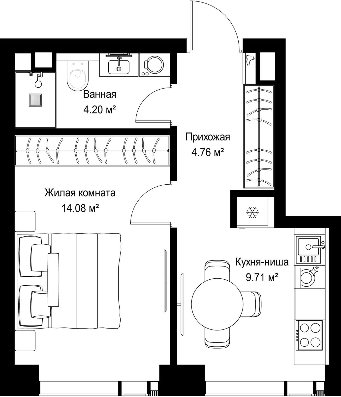 1-комнатная квартира, 32,8 м²
