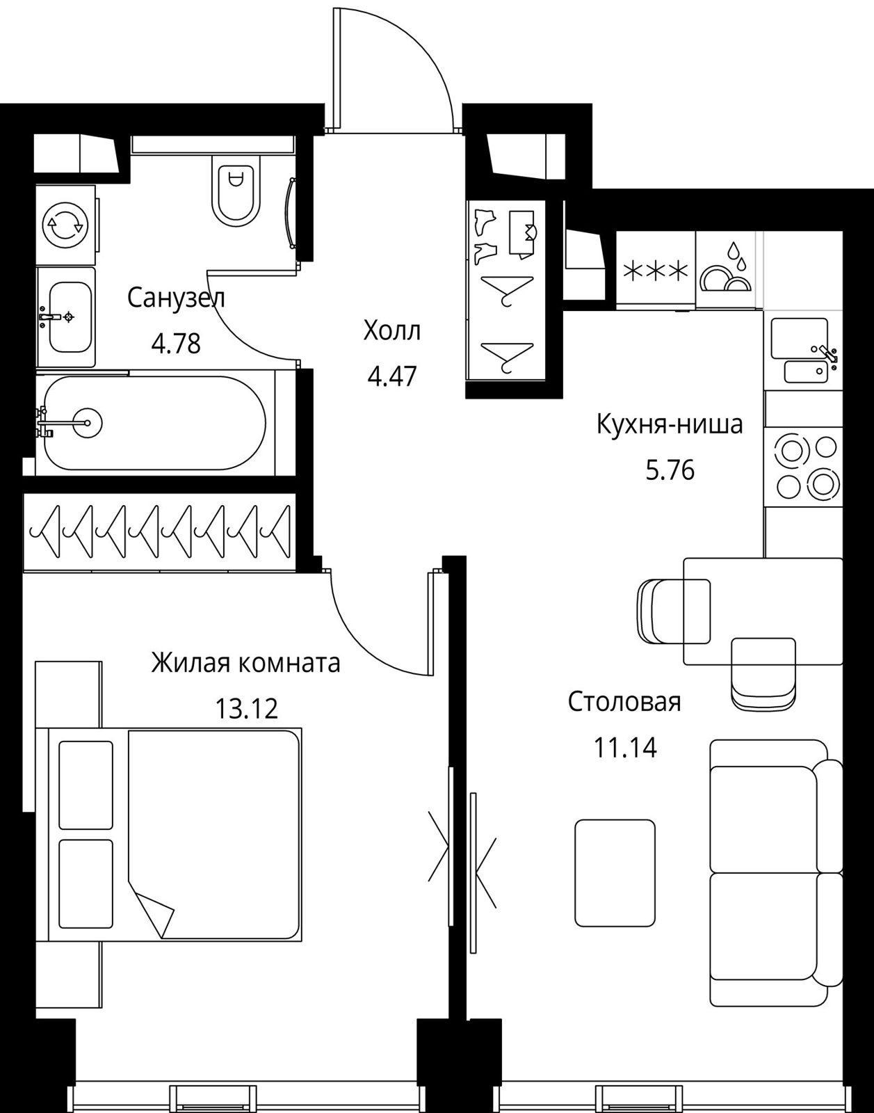 1-комнатная квартира, 39,3 м²