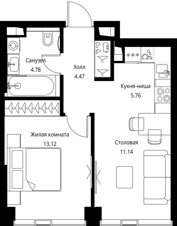 1-комнатная квартира, 39,3 м² — фото 1