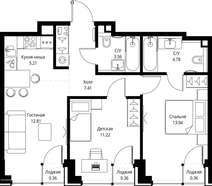 2-комнатная квартира, 60 м²