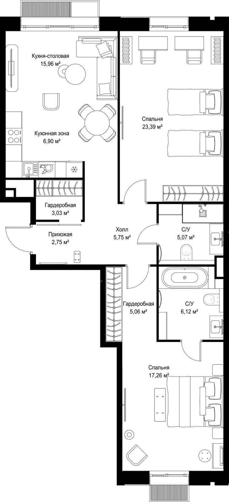 2-комнатная квартира, 91,3 м²