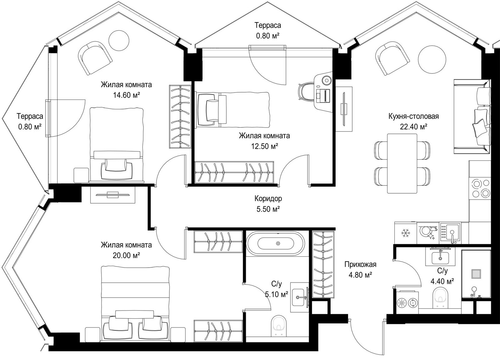 3-комнатная квартира, 90,9 м²