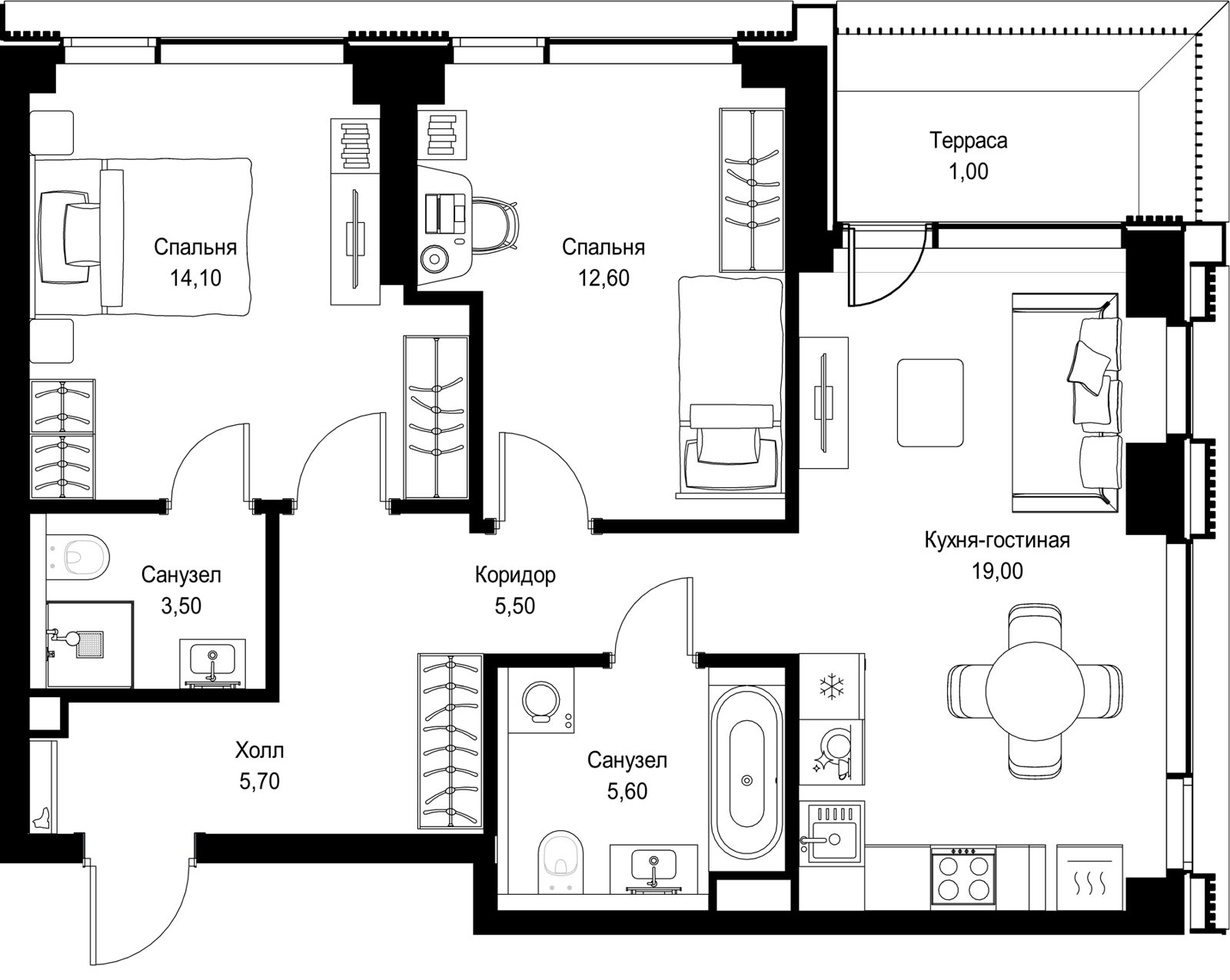 2-комнатная квартира, 67 м²