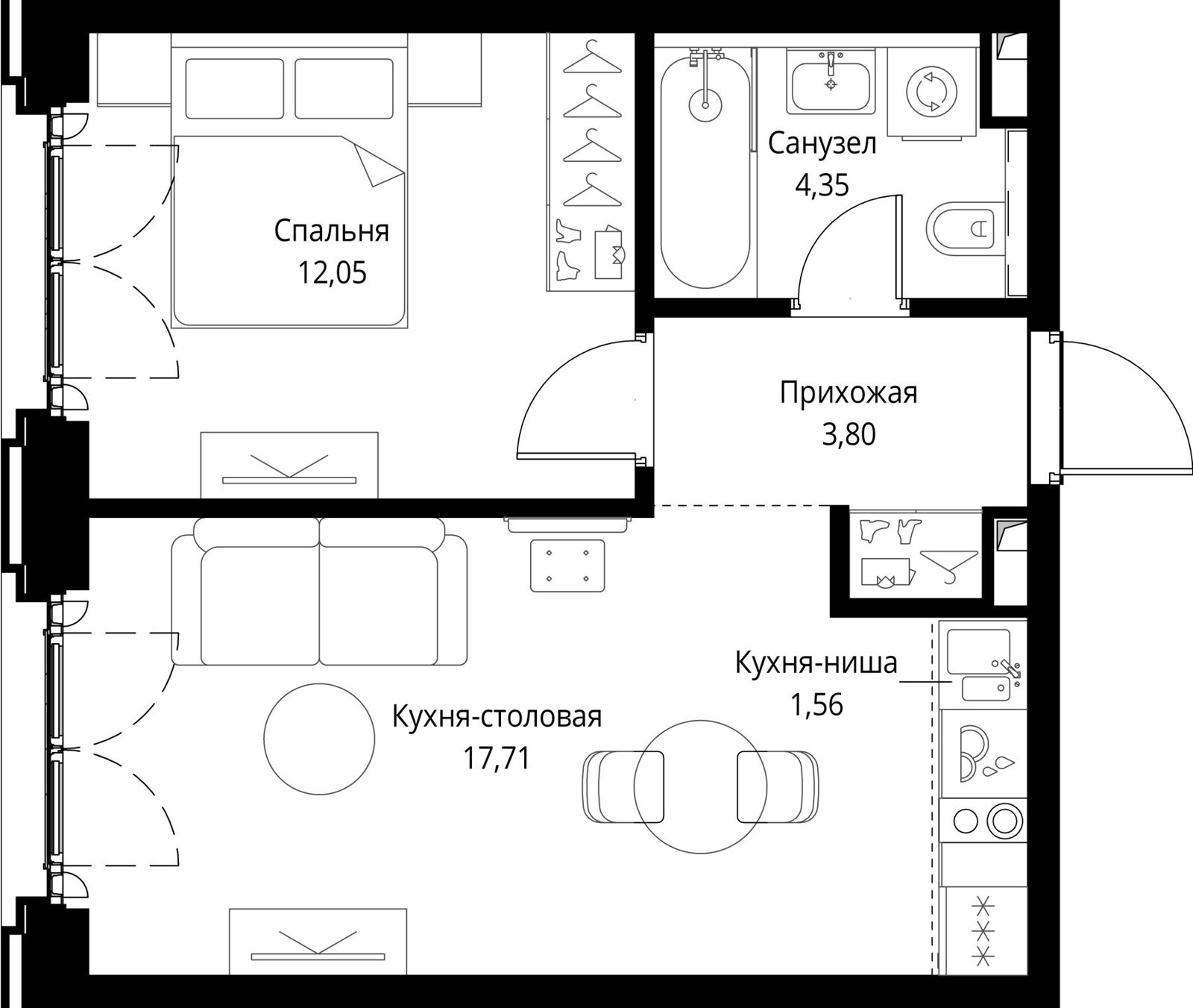 1-комнатная квартира, 39,5 м²