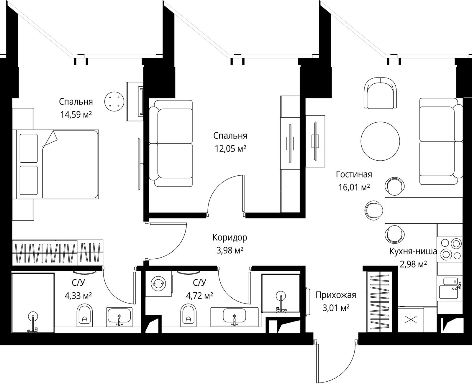 2-комнатная квартира, 61,4 м²