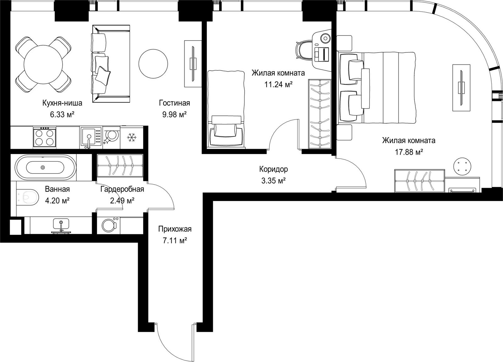 2-комнатная квартира, 62,6 м²