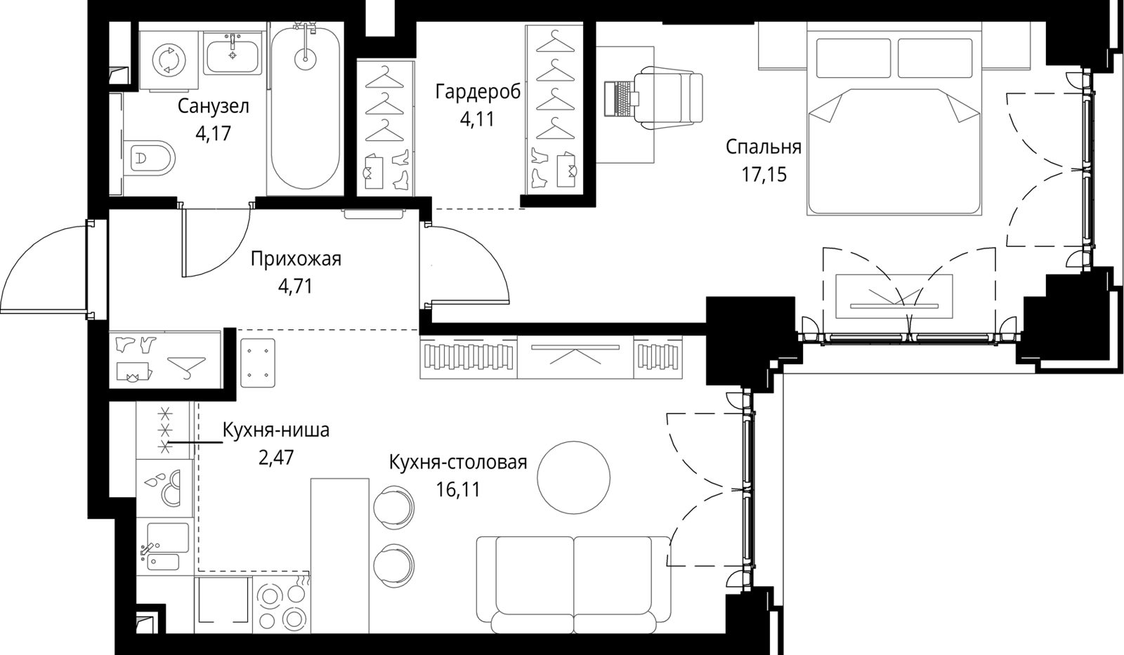 1-комнатная квартира, 48,7 м²