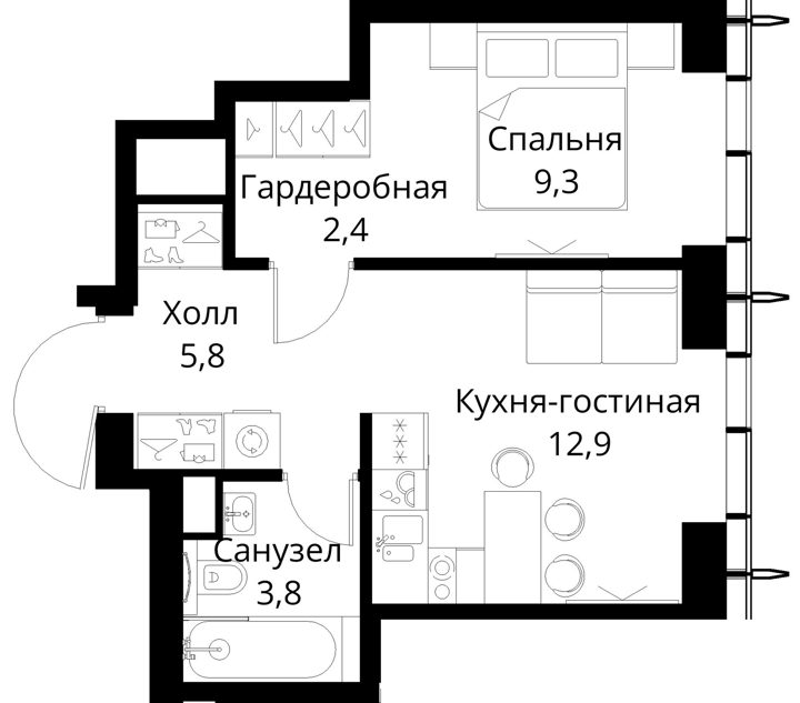 1-комнатная квартира, 34,2 м² — фото 1