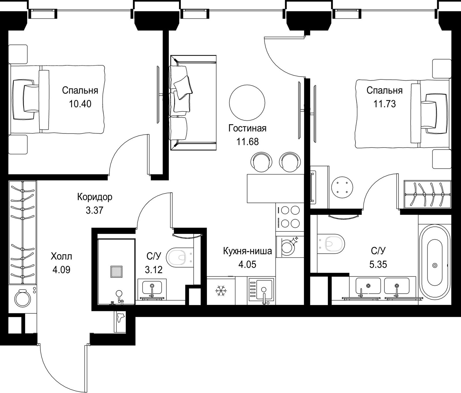 2-комнатная квартира, 53,8 м²