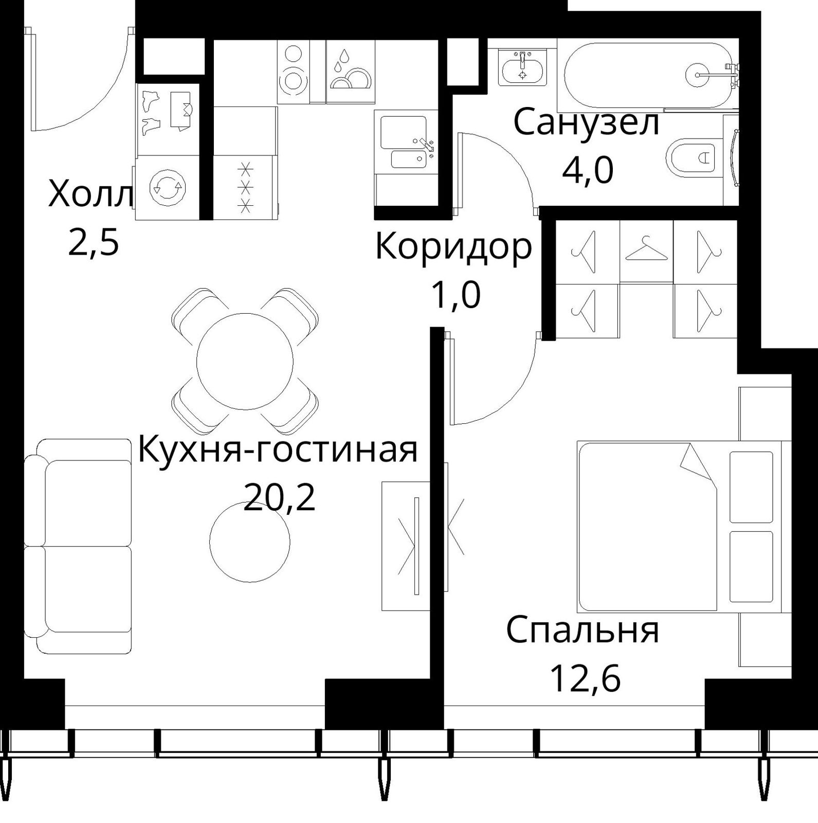 1-комнатная квартира, 40,3 м²