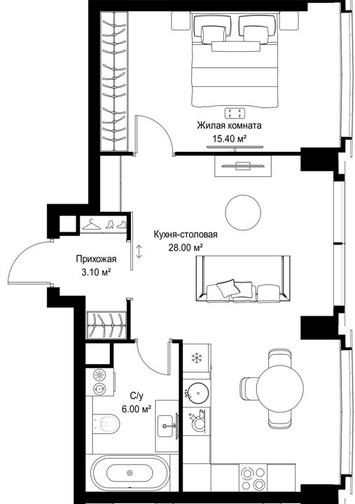 1-комнатная квартира, 52,5 м²