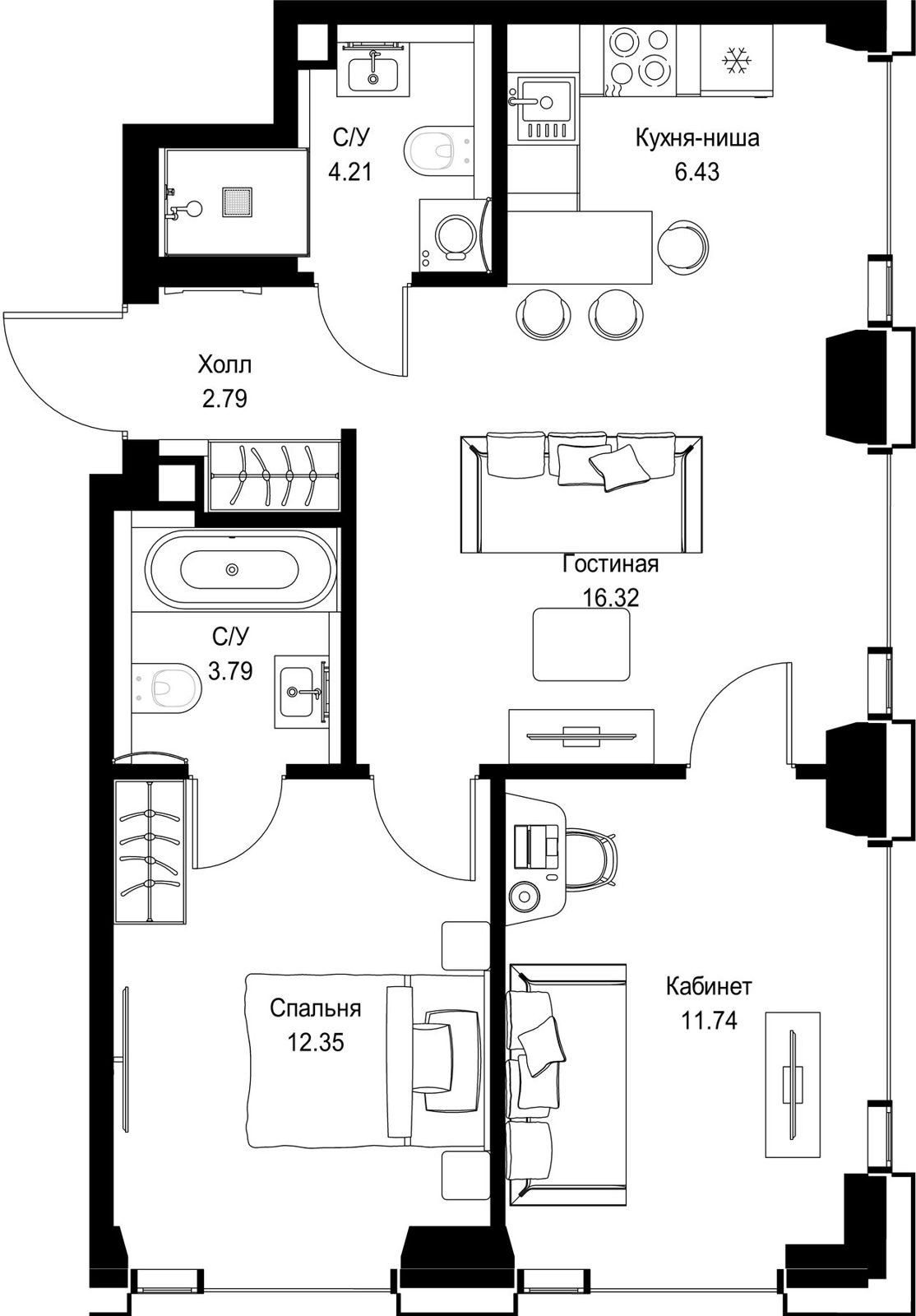 2-комнатная квартира, 57,6 м²