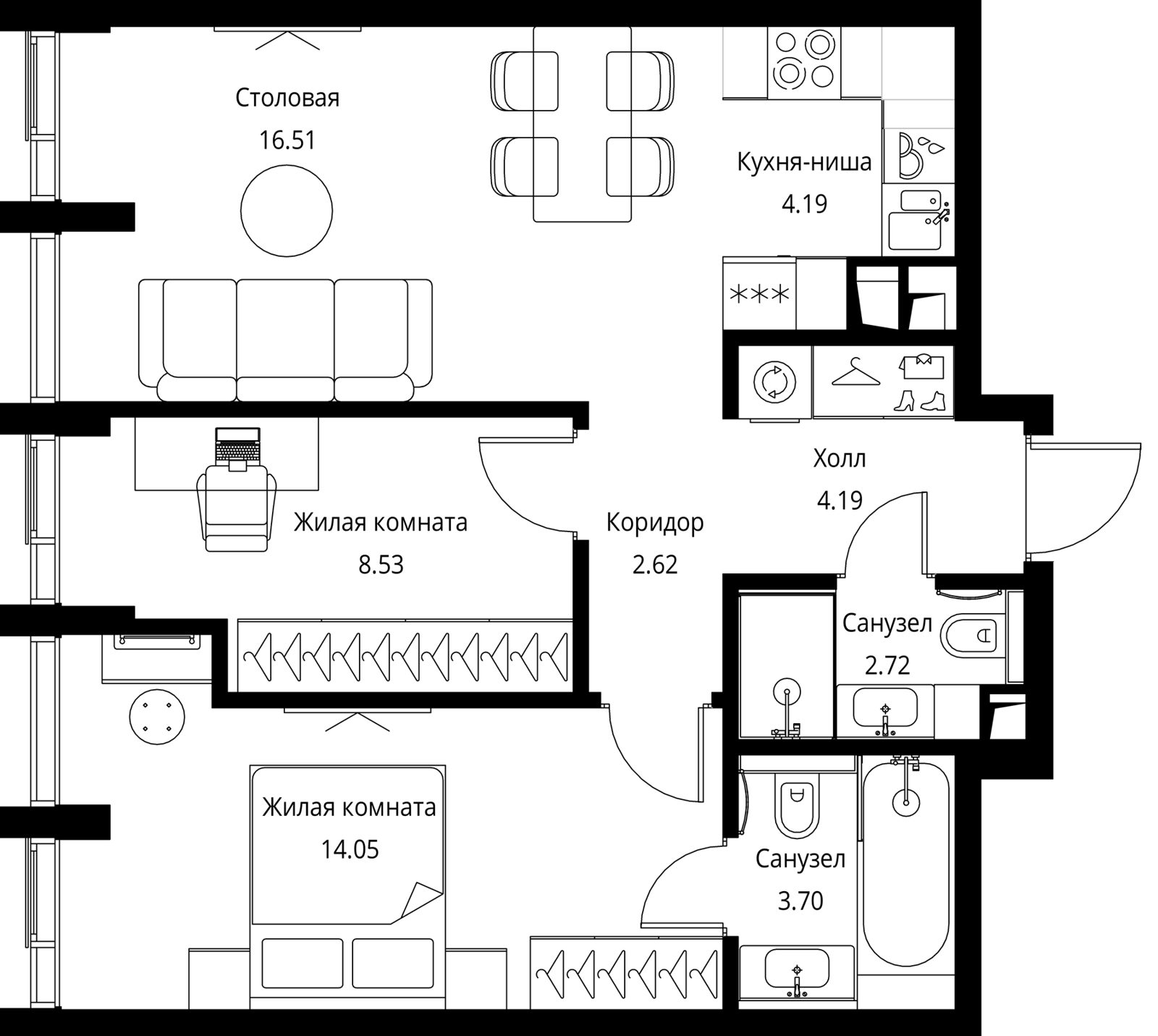 2-комнатная квартира, 56,5 м²