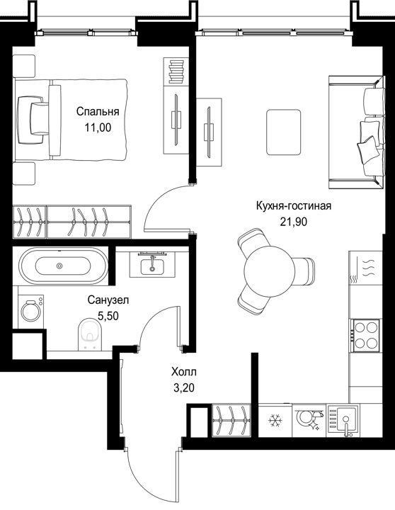 1-комнатная квартира, 41,6 м² — фото 1