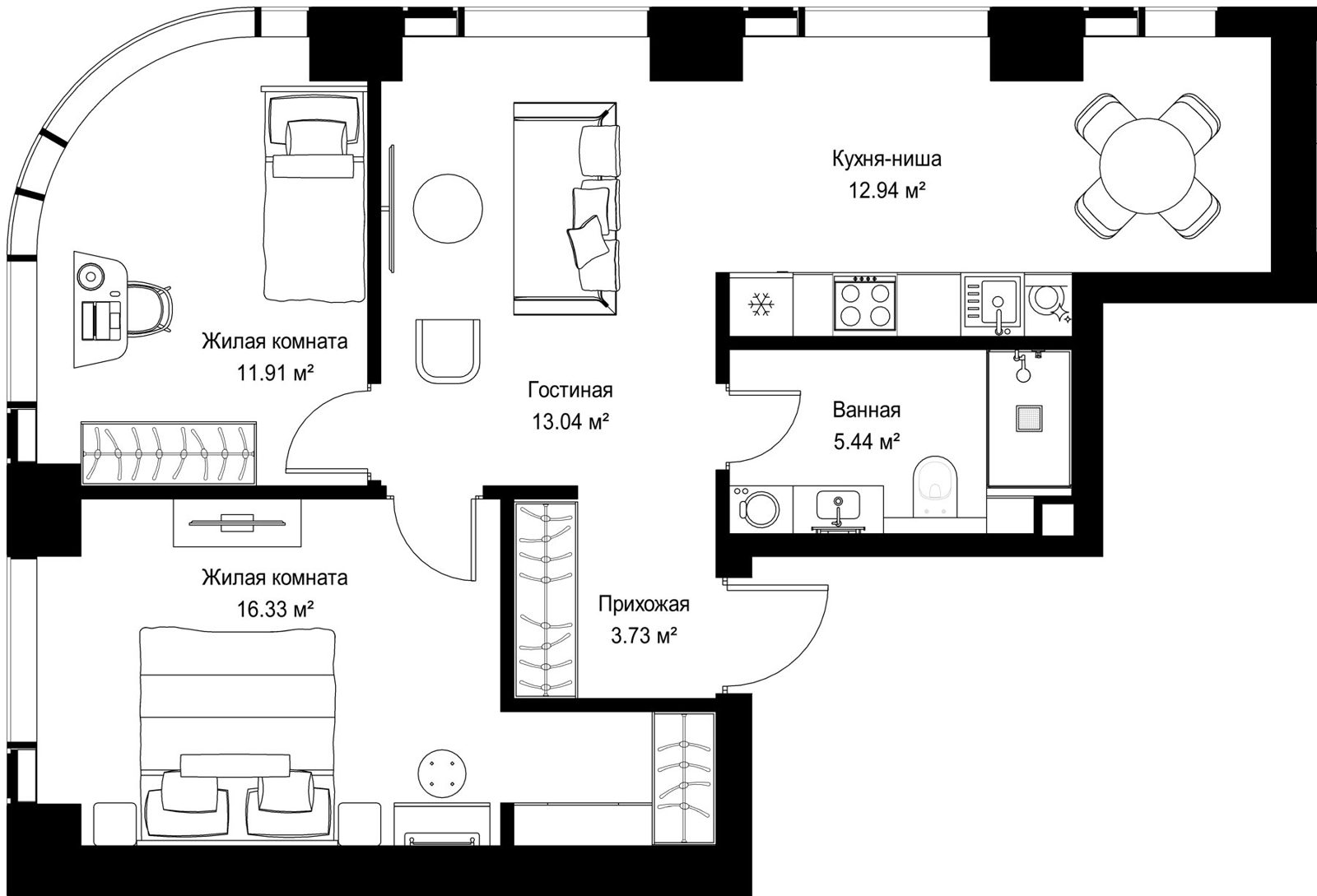 2-комнатная квартира, 63,4 м²
