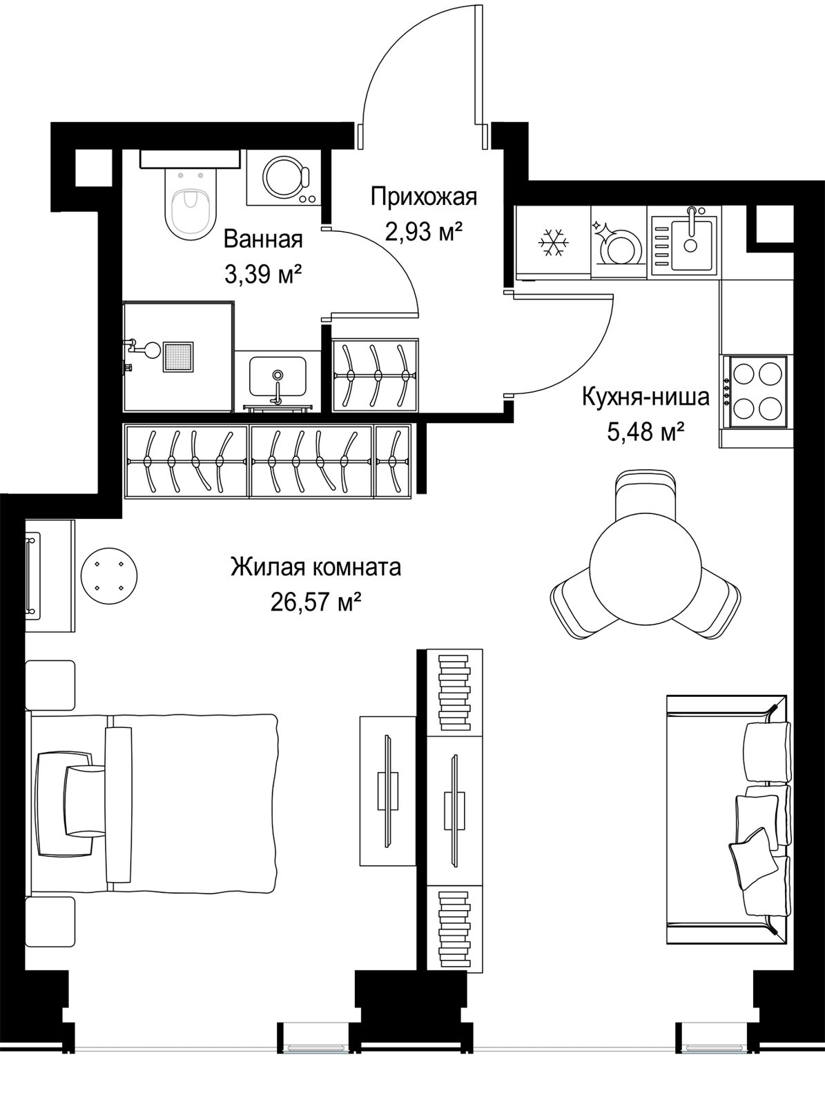 1-комнатная квартира, 38,4 м²