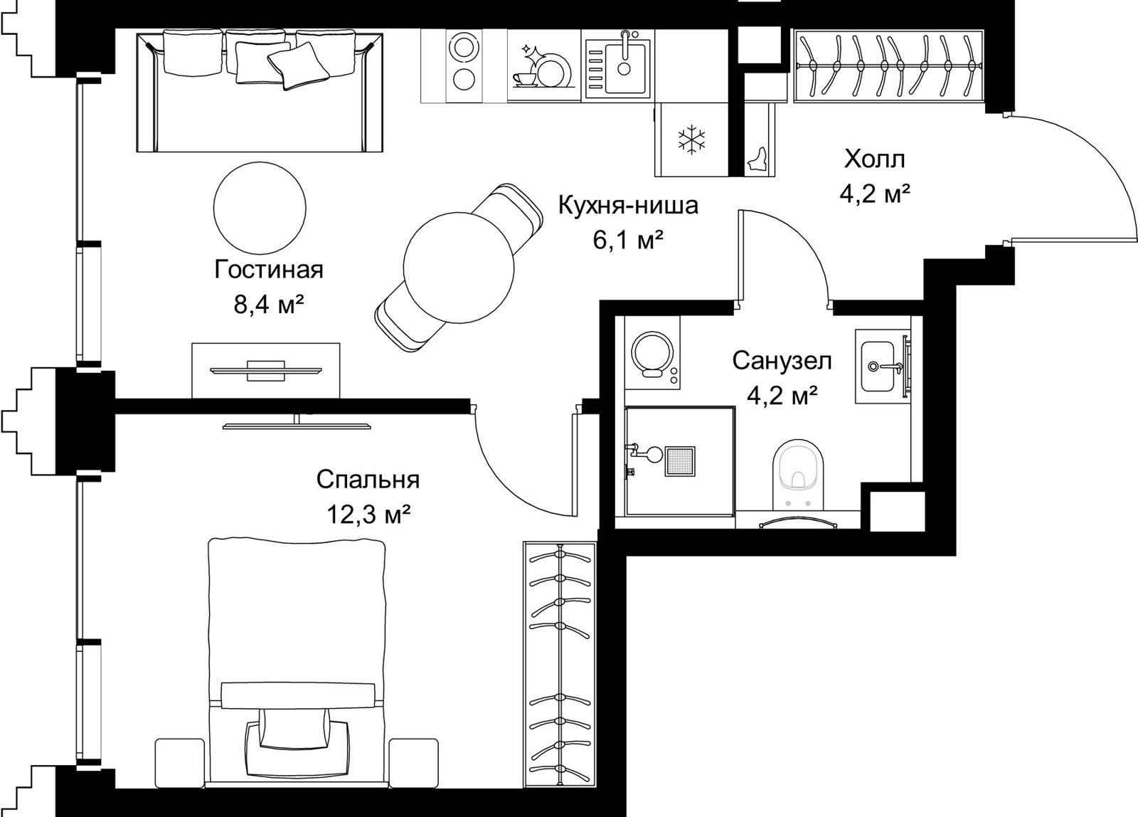1-комнатная квартира, 35,2 м²