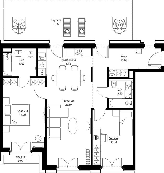 2-комнатная квартира, 90,3 м²