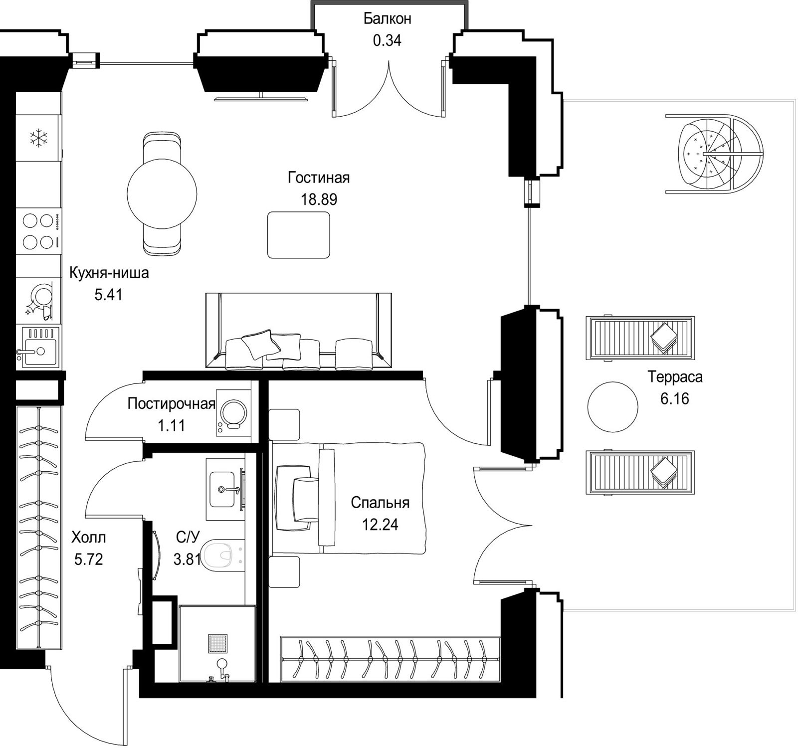 1-комнатная квартира, 53,7 м²