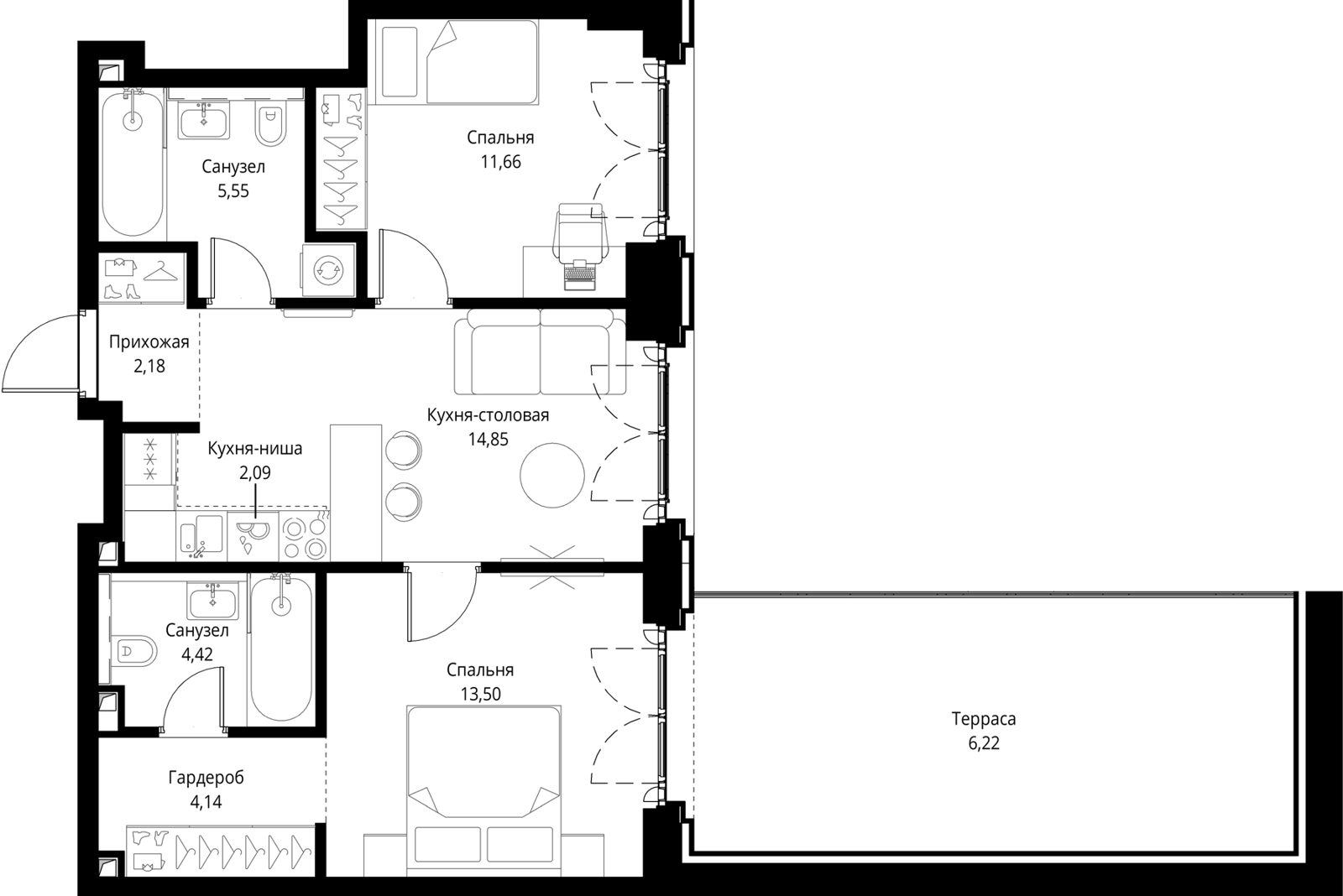 2-комнатная квартира, 64,6 м²