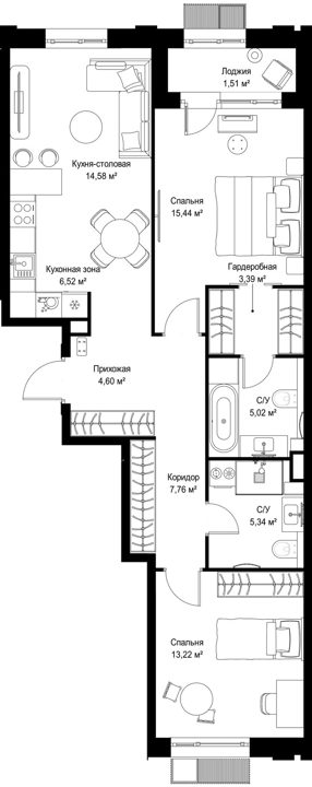 2-комнатная квартира, 77,4 м² — фото 1