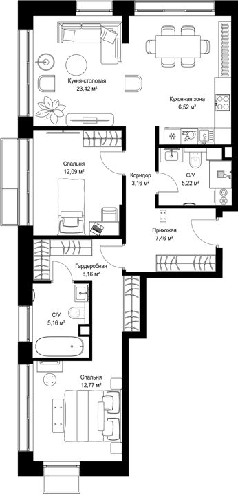 2-комнатная квартира, 84 м² — фото 1