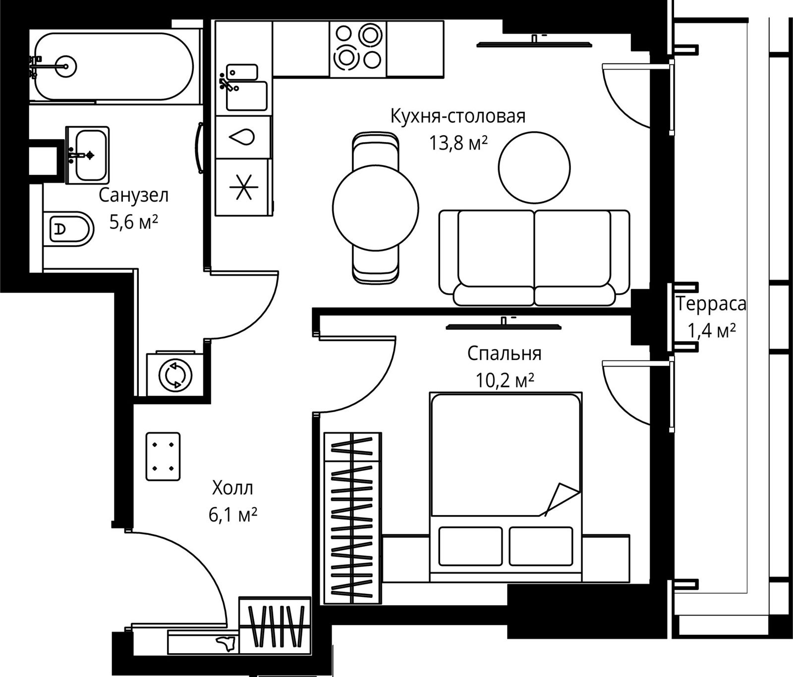 1-комнатная квартира, 37,1 м²