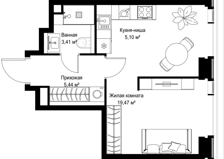 1-комнатная квартира, 33,4 м² — фото 1