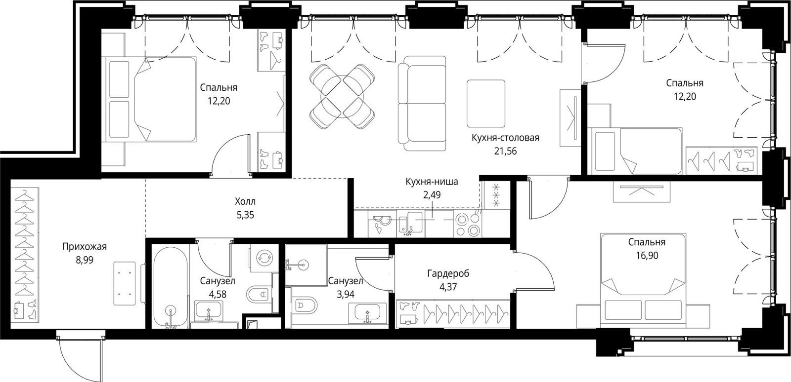 3-комнатная квартира, 92,6 м²