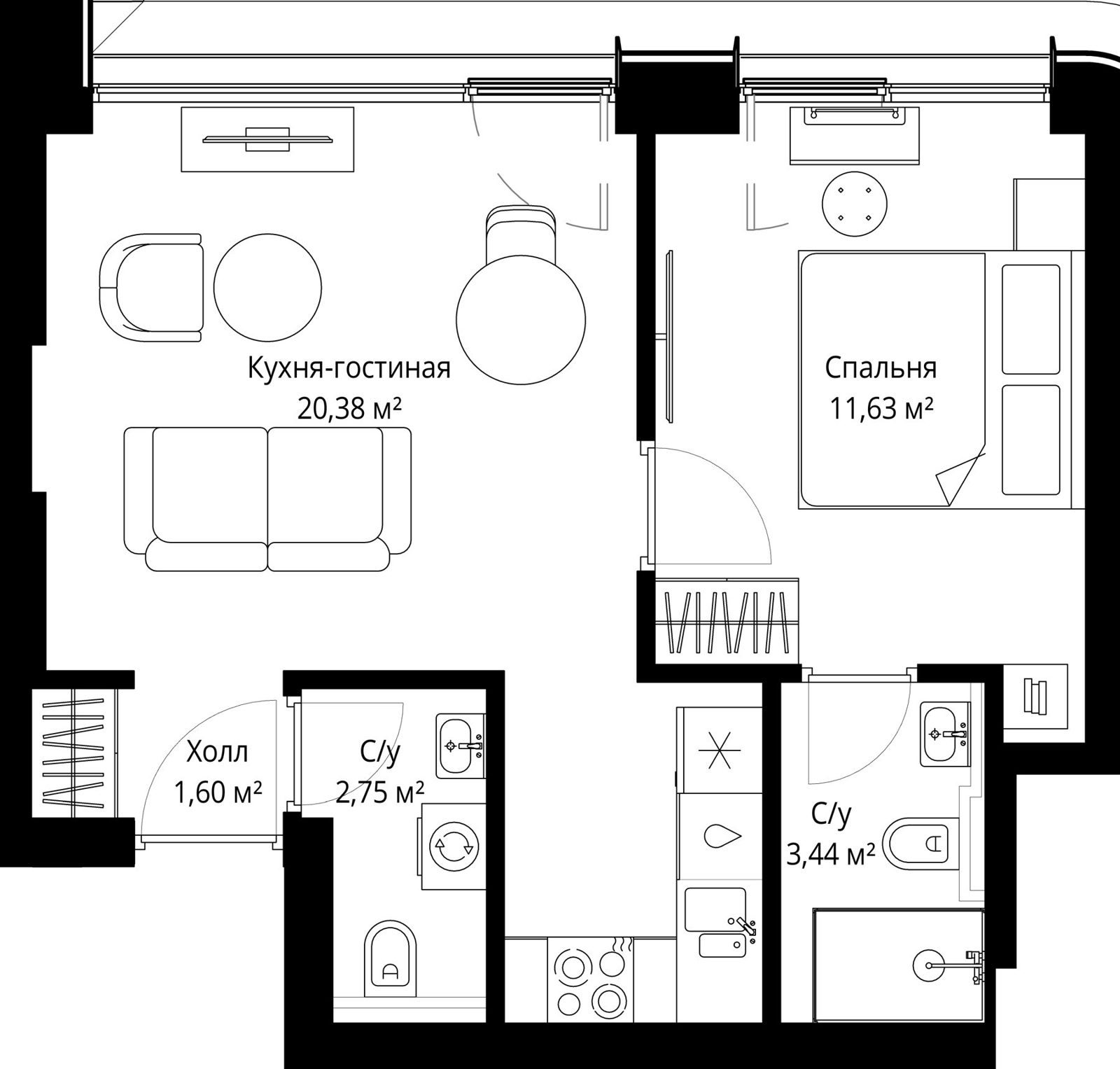 1-комнатная квартира, 39,5 м²