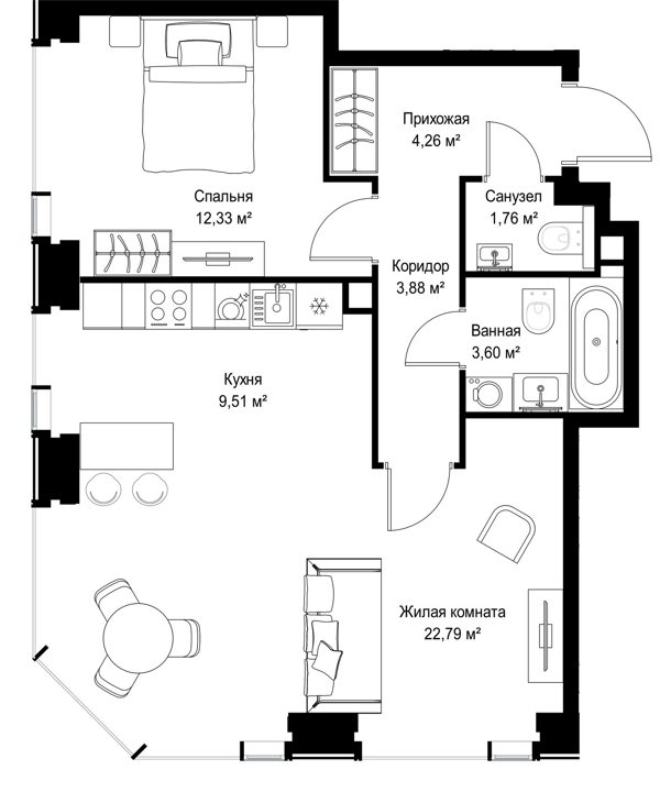 2-комнатная квартира, 58,1 м² — фото 1