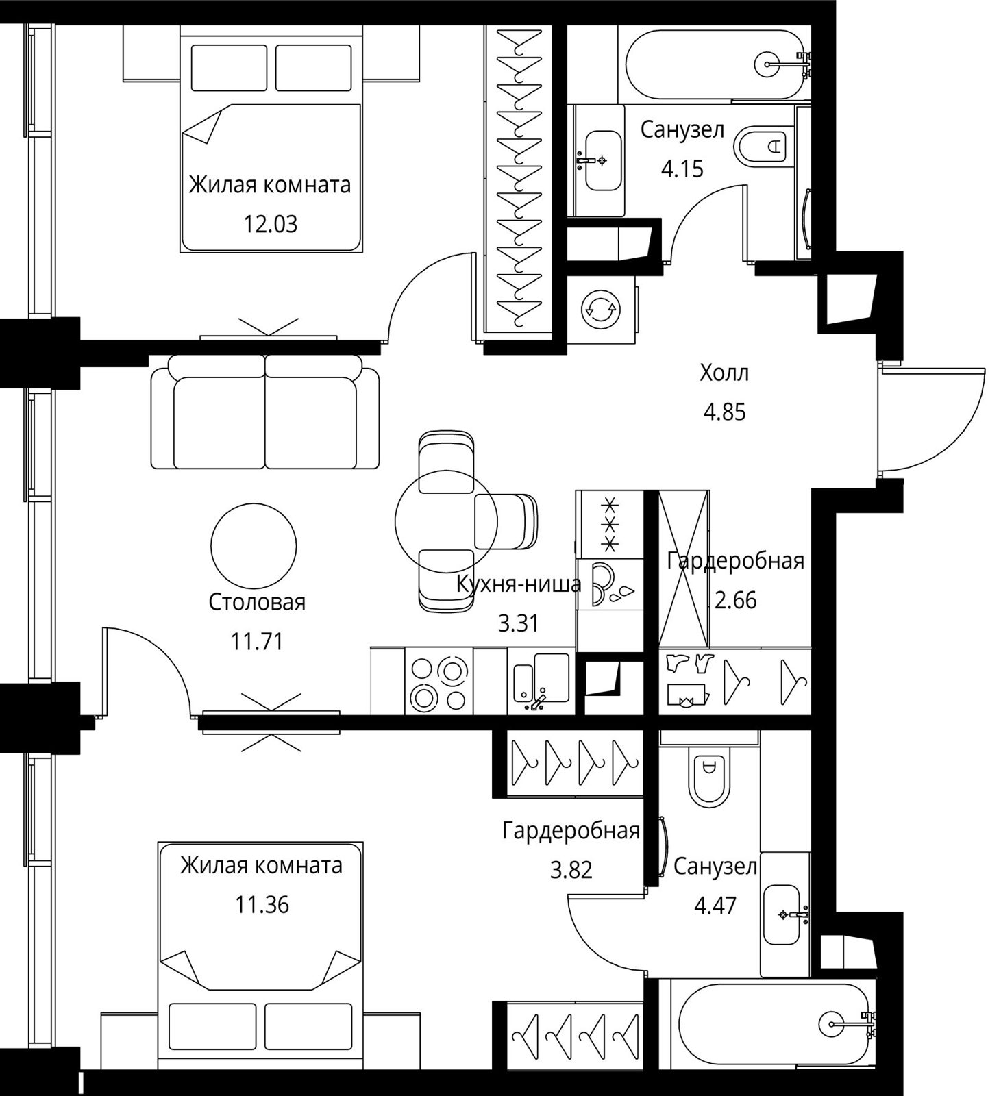 2-комнатная квартира, 58,4 м²