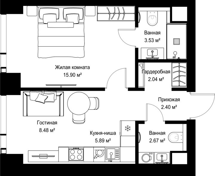 1-комнатная квартира, 40,9 м²