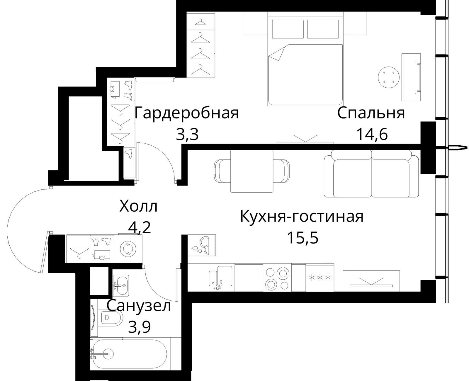 1-комнатная квартира, 41,5 м²
