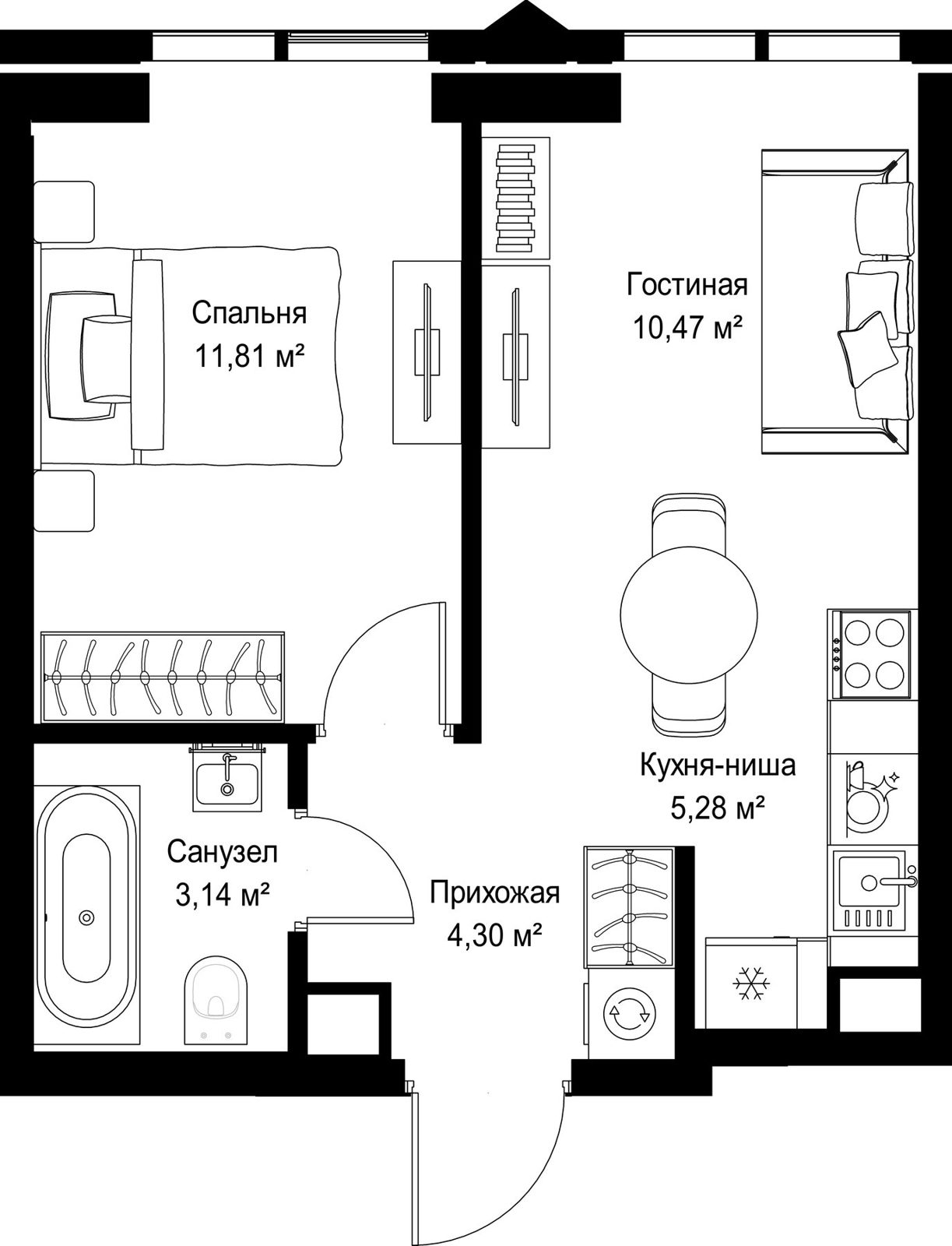 1-комнатная квартира, 35 м²