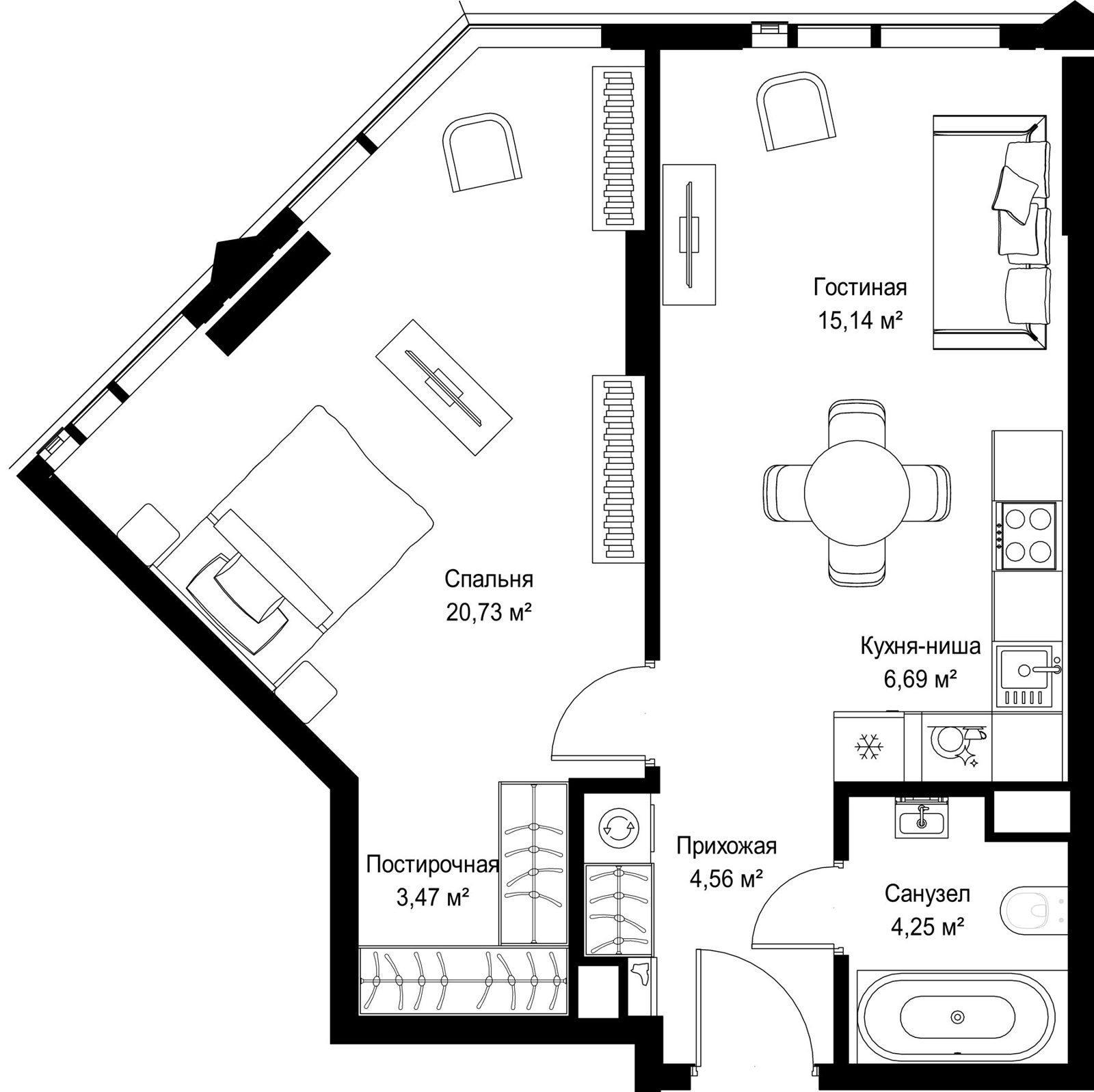 1-комнатная квартира, 54,8 м²