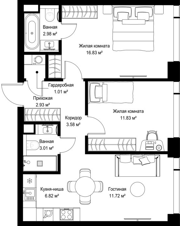 2-комнатная квартира, 60,7 м²