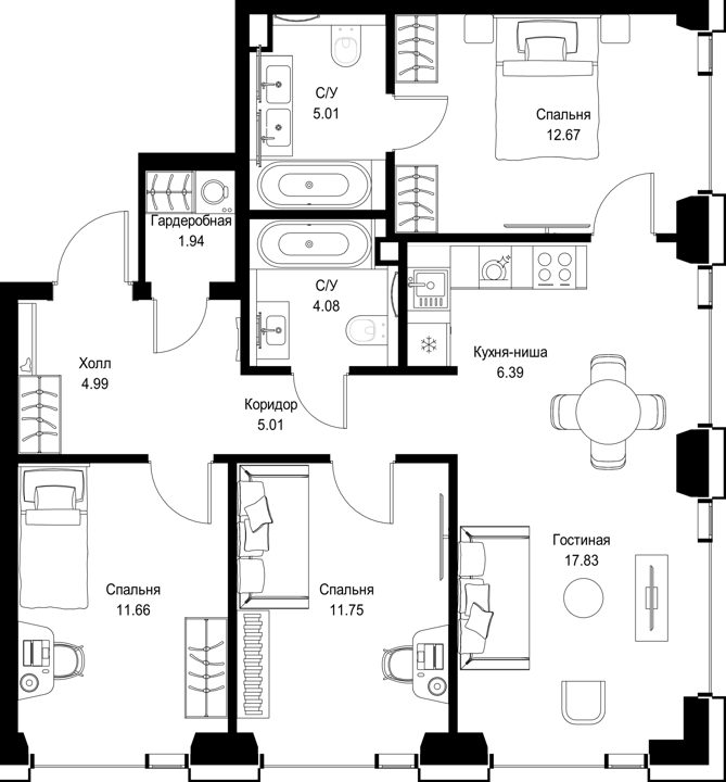 3-комнатная квартира, 82,3 м²