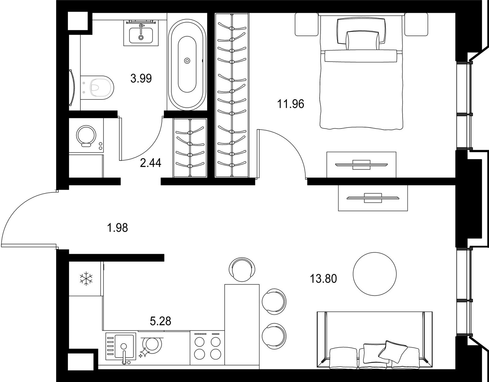1-комнатная квартира, 39,5 м²